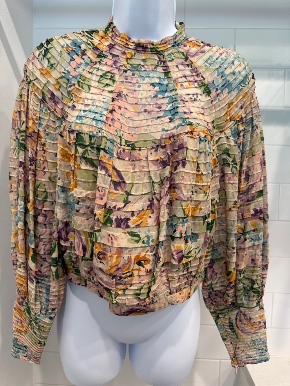 Zimmermann Cream Floral Pintuck High-Neck Blouse with Pastel Accents